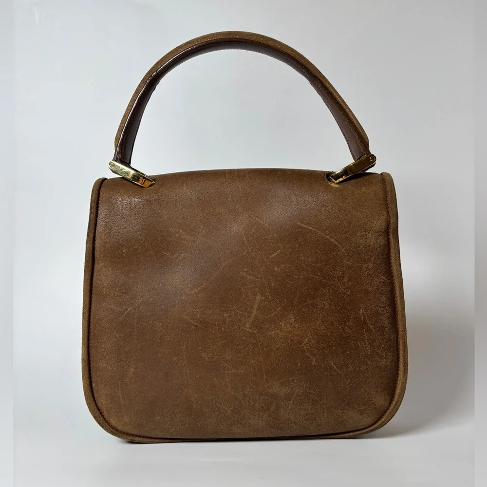 Vintage Balenciaga Brown Suede Bag – 70s Top Handle with Gold Turn Lock - Picture 3 of 9
